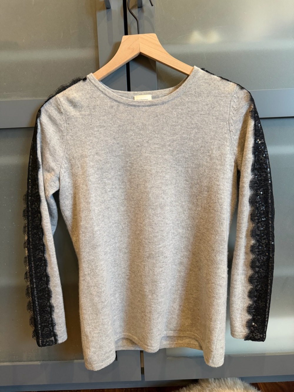 Women's Gray Cashmere Top with Black Lace Sleeve Detail